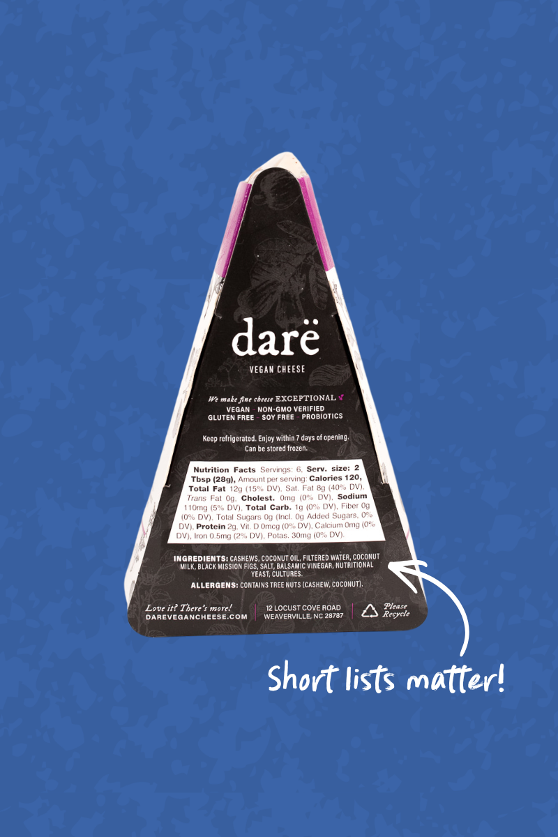 Back packaging of Dare Vegan Cheese Balsamic Fig showing ingredient list