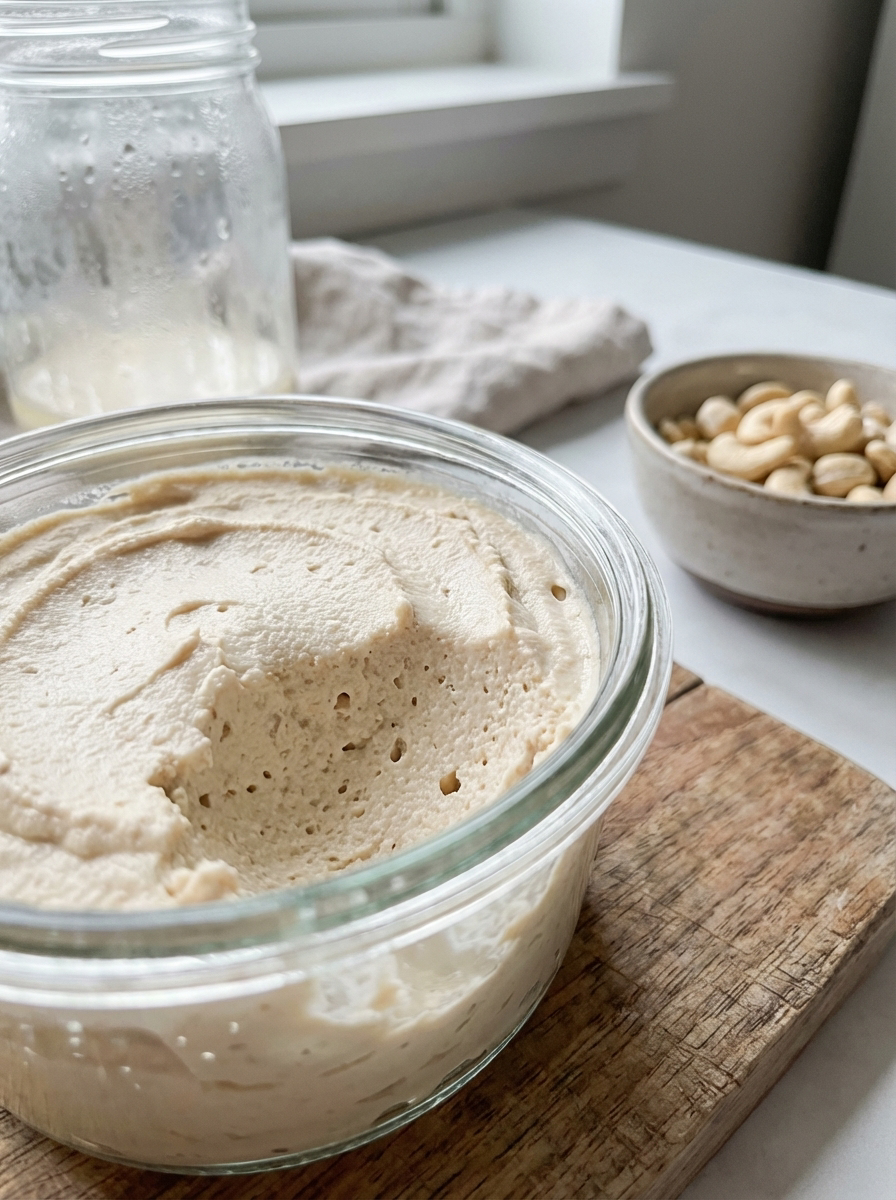 Cultured cashew cheese on a wooden board with cashews in background