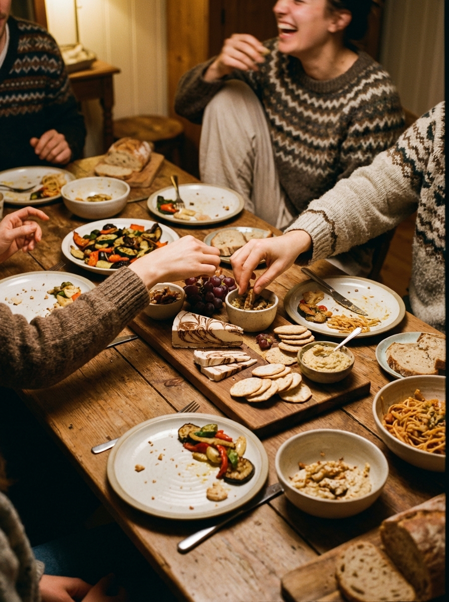 Friends sat around a fall table in cozy jumpers sharing a Darë Vegan Cheese dairy-free platter