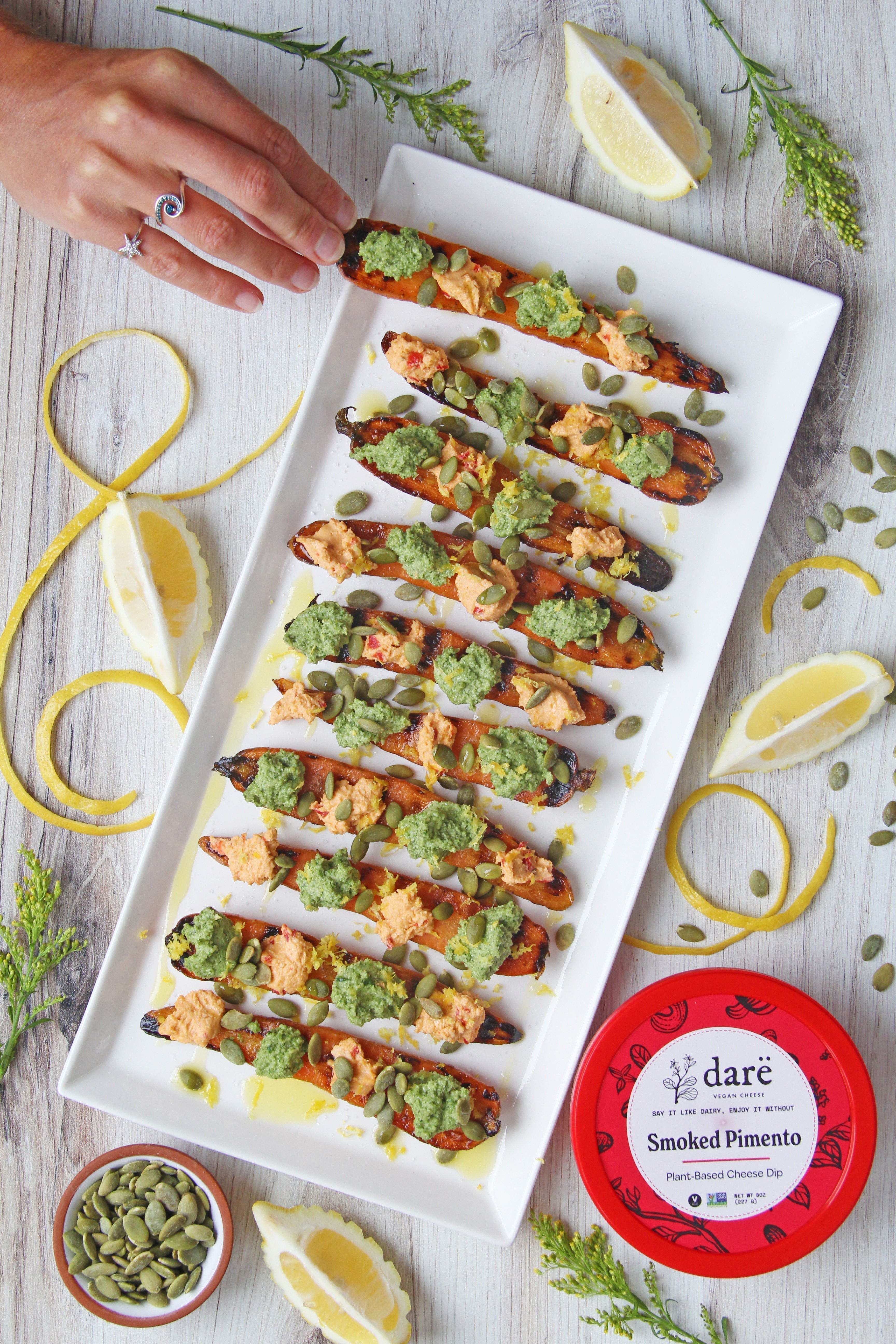 Plated recipe with smoked pimento packaging on the side
