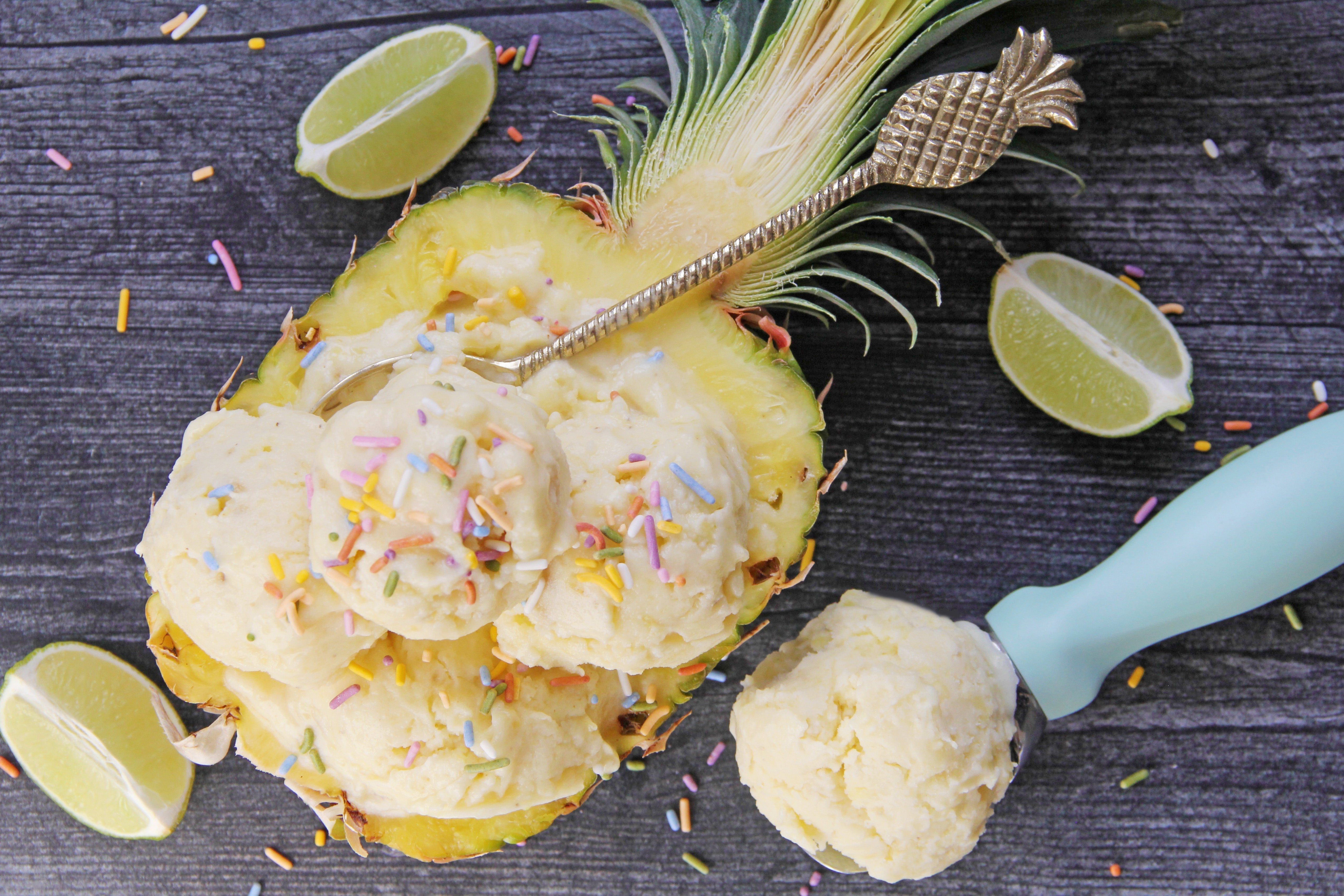Vegan ice cream in a hollowed out pineapple
