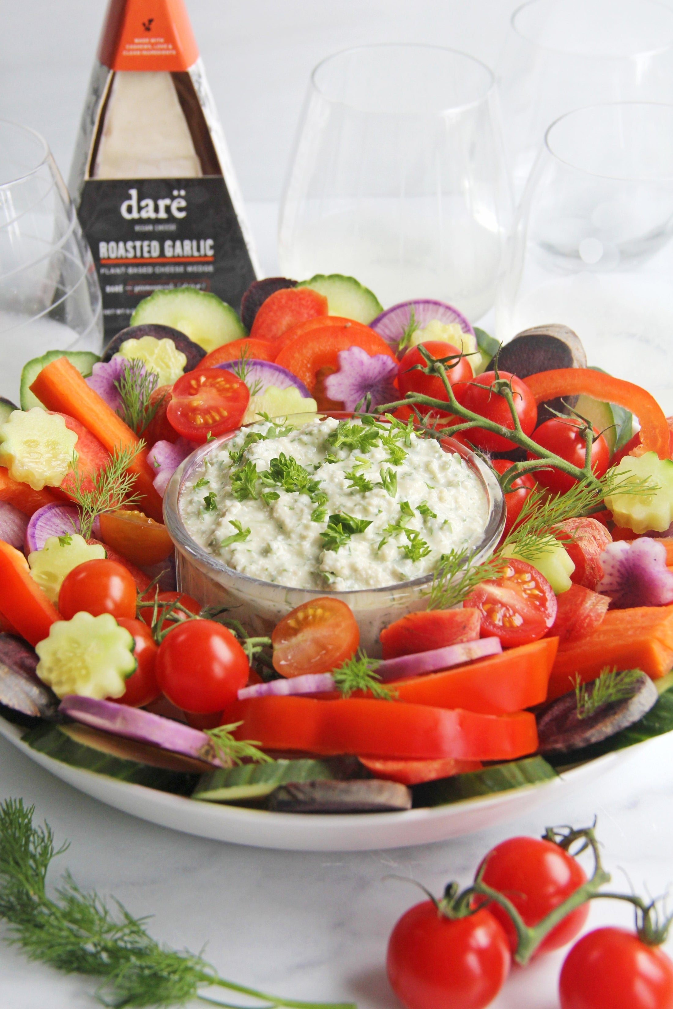 Veggie platter with vegan ranch dip