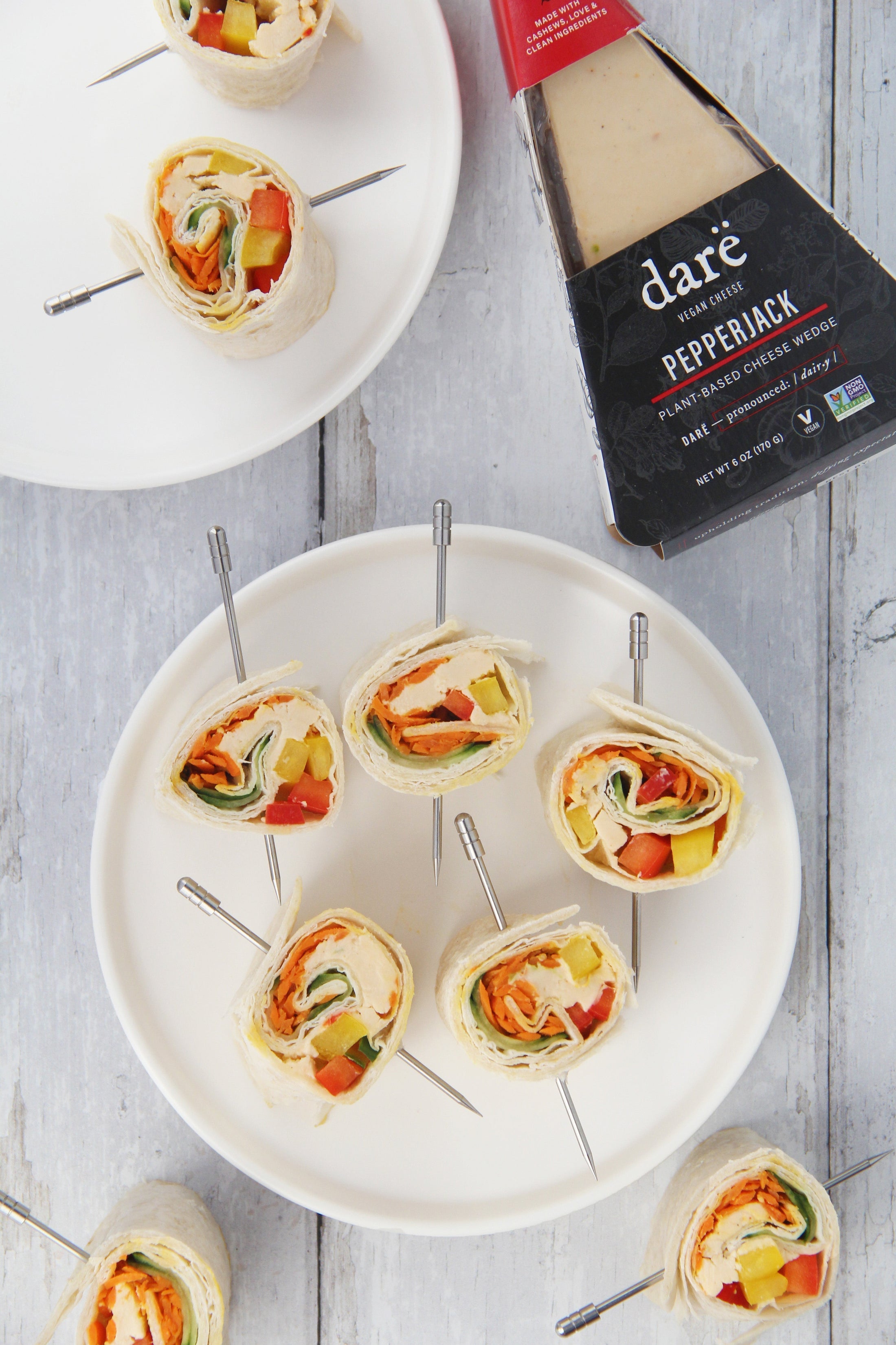 Vegan veggie snack wraps served with dare vegan cheese pepperjack