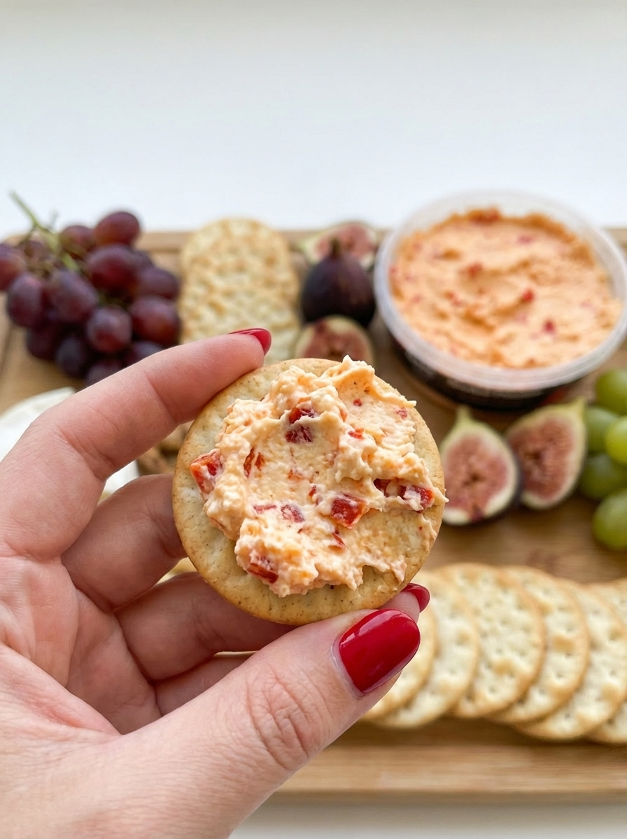 Close up of Dare Smoked Pimento on a cracker with a cheeseboard in the background