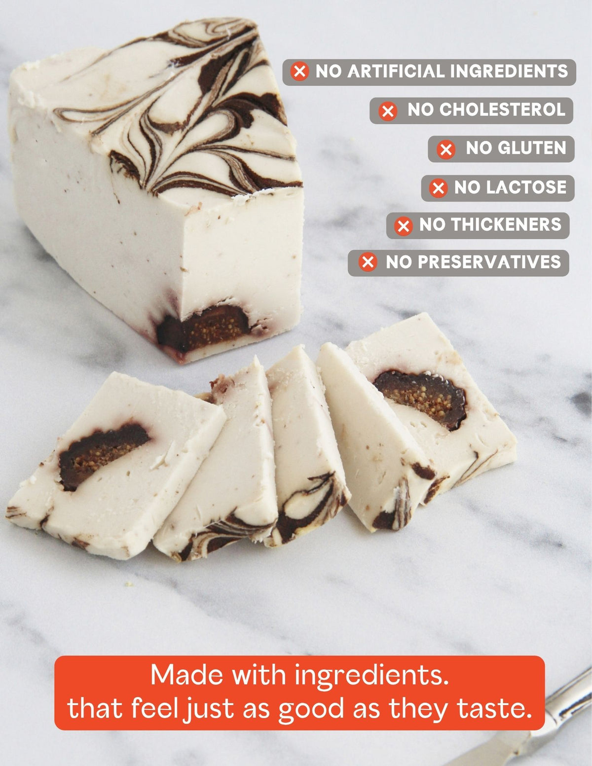 A wedge of Darë Vegan Cheese Balsamic Fig plant-based cheese on a light marble surface, sliced into pieces with product attribute copy overlaid.
