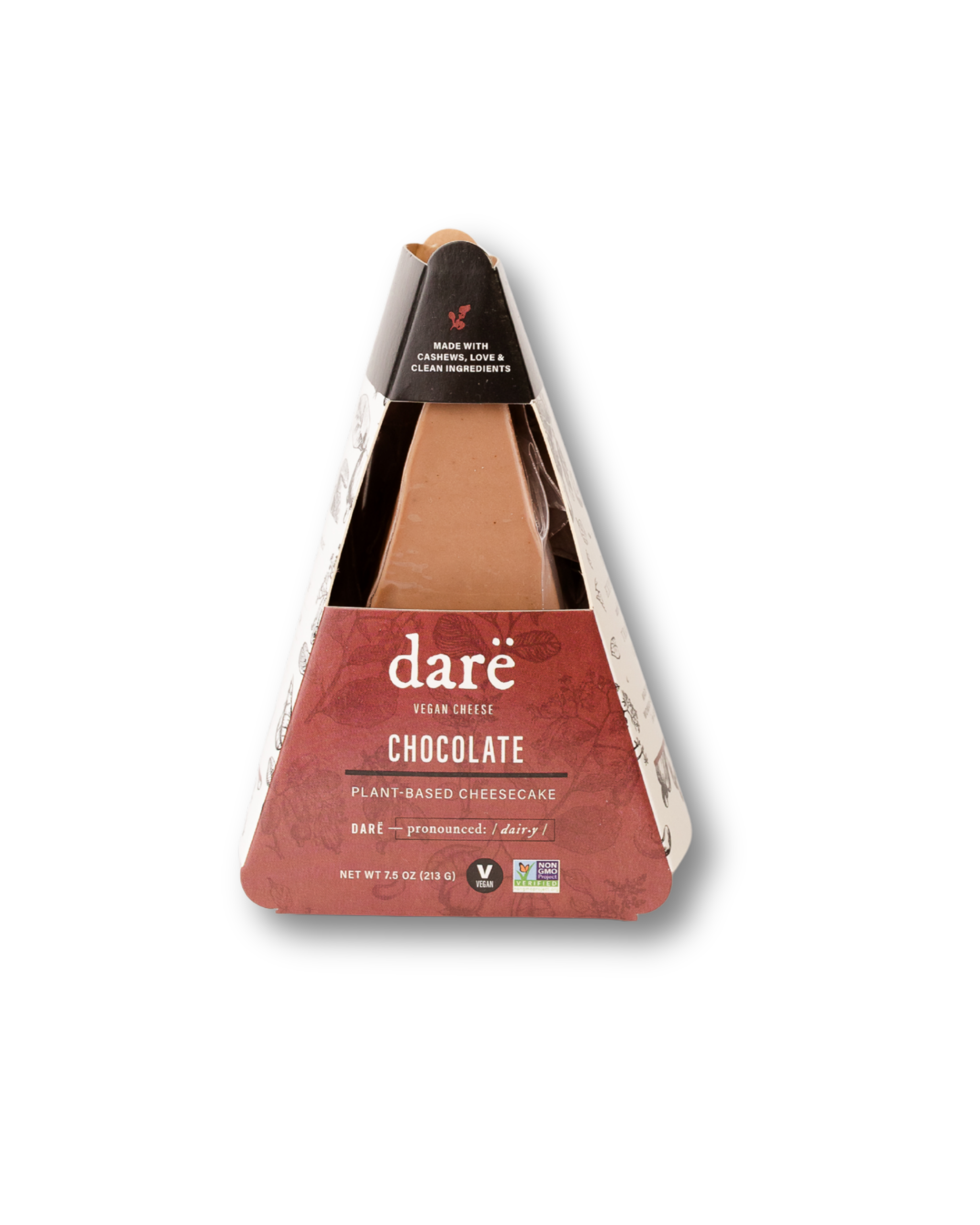 Chocolate Cheesecake in 'dare' packaging on white background