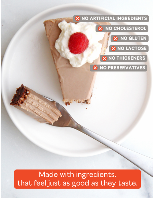 Load image 1 in gallery view. A slice of chocolate cake with whipped cream and a raspberry on a white plate, with a fork holding a piece of the cake. Text overlays highlight product benefits such as no artificial ingredients, no cholesterol, no gluten, no lactose, no thickeners, and no preservatives, along with a slogan at the bottom.