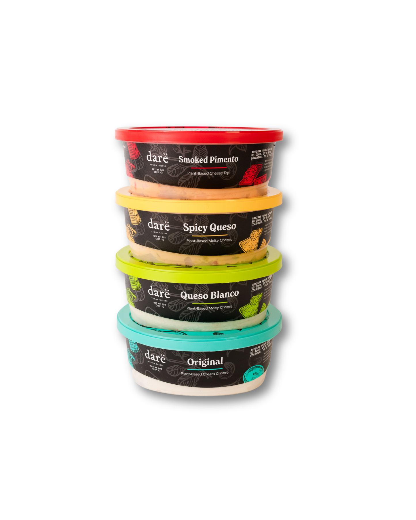 Stack of Dare brand containers in different flavors on a white background