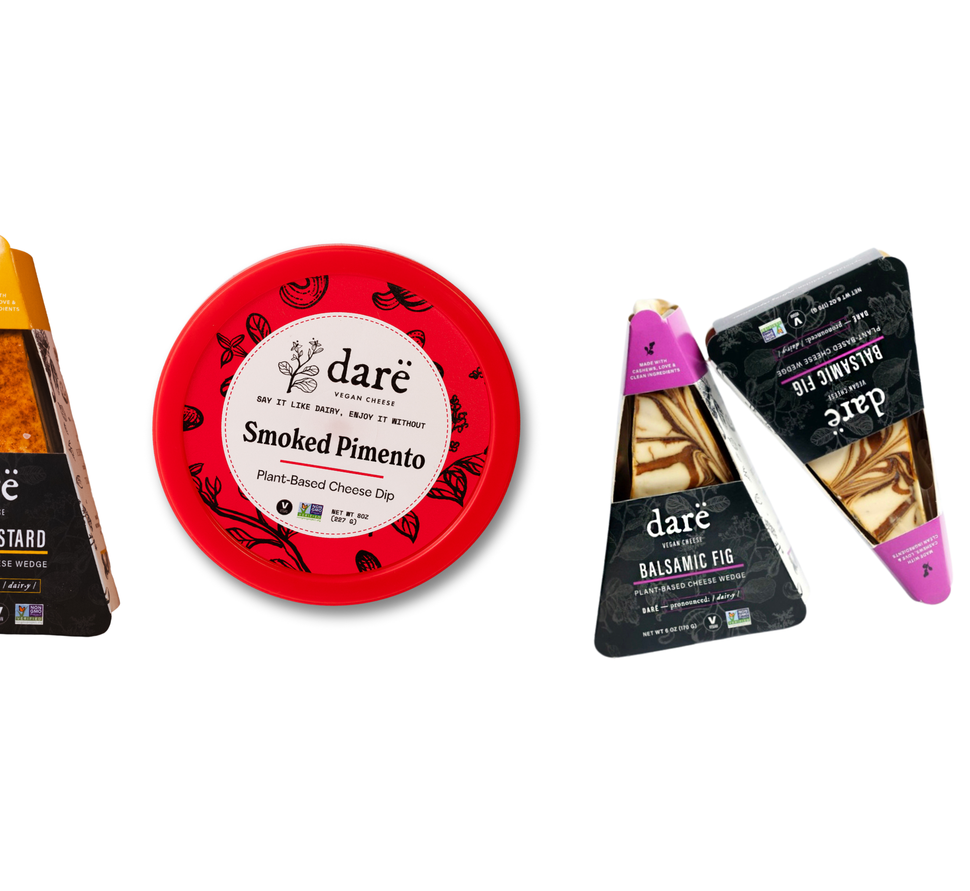 Collection of Dare brand products including smoked pimento, balsamic fig, and lusty mustard