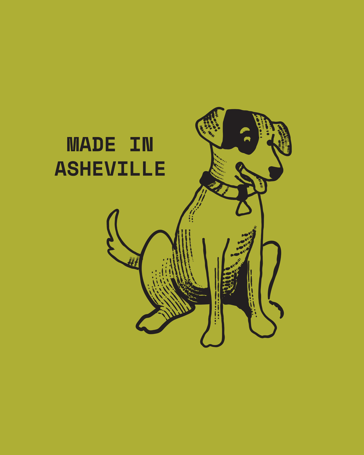 A graphic print featuring a black line art illustration of a dog on a solid olive green background, with the text 'MADE IN ASHEVILLE' printed to the left of the dog.