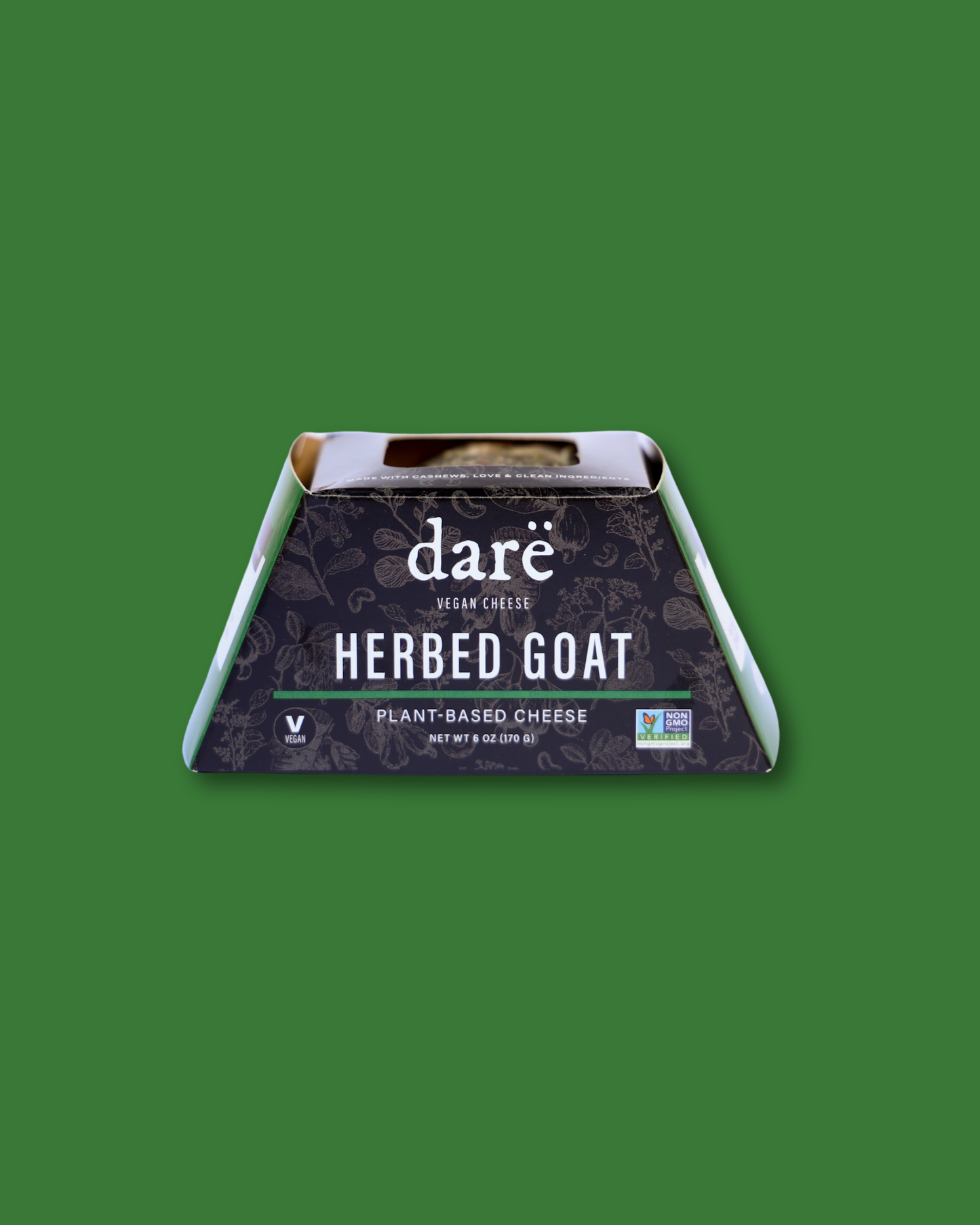 Herbed goat cheese packaging with 'dare' branding on a green background