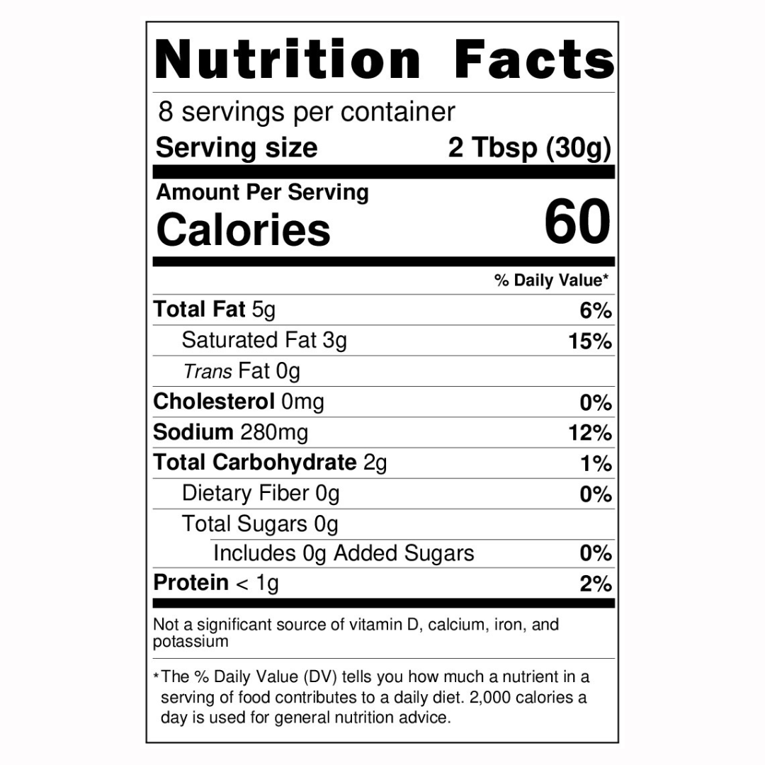 Queso Blanco nutritional facts panel showing 60 calories per 30g serving size