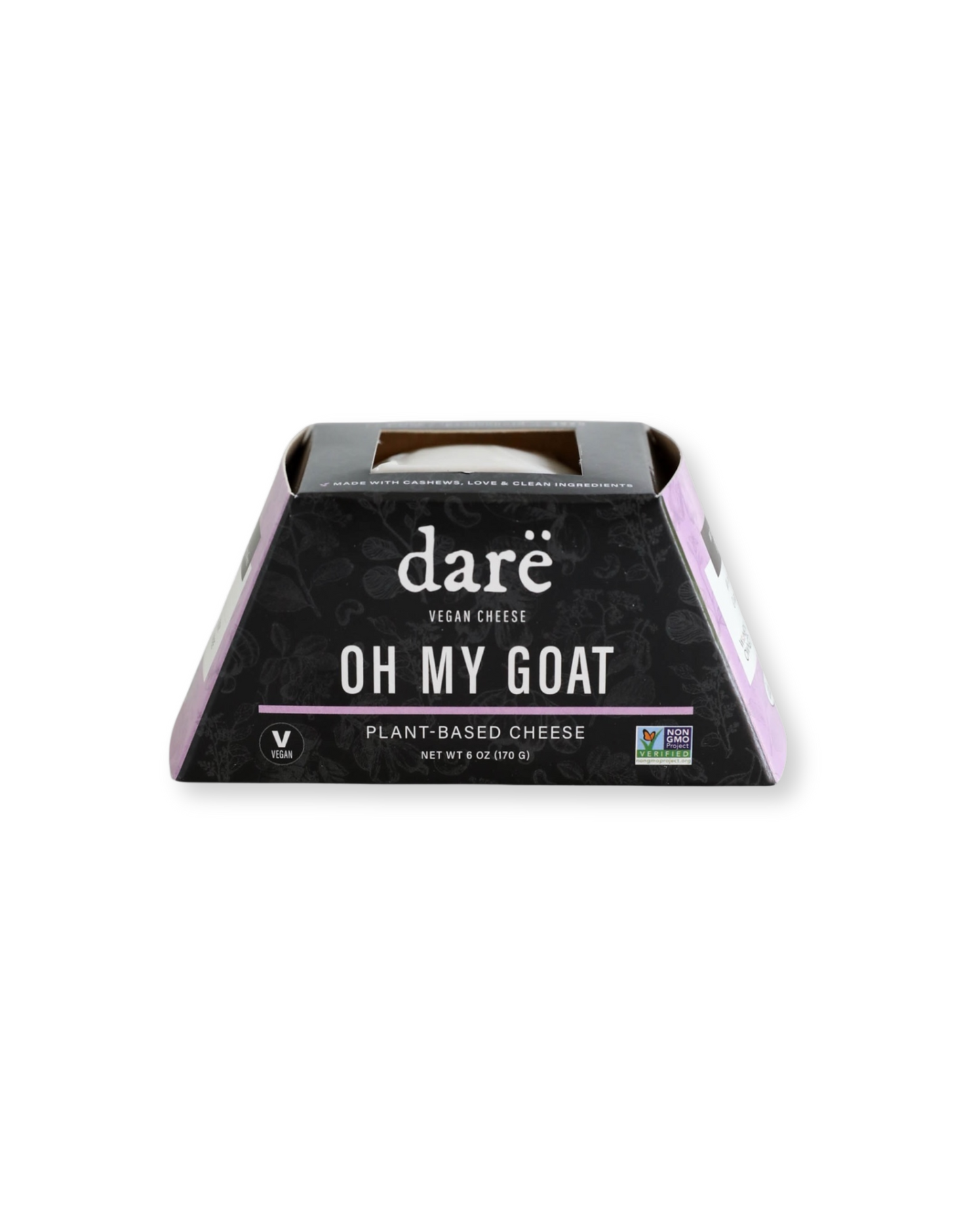 Box of dare Oh My Goat plant-based cheese on a white background