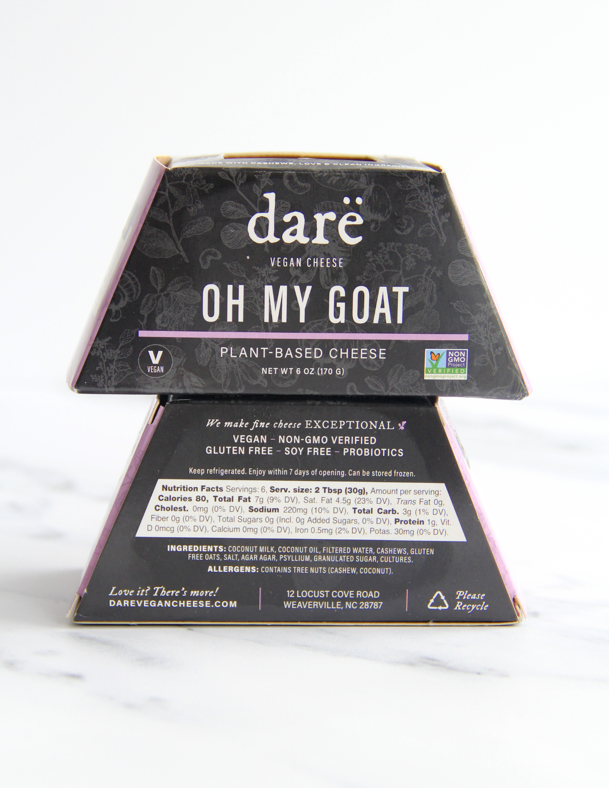 A package of dare vegan cheese 'Oh My Goat' plant-based cheese, shown with its front and back packaging faces visible against a clean white background.