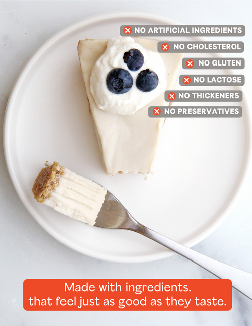 Load image 1 in gallery view. A slice of creamy vegan cheesecake on a white plate with a fork, topped with whipped cream and blueberries. Text overlays highlight product benefits.