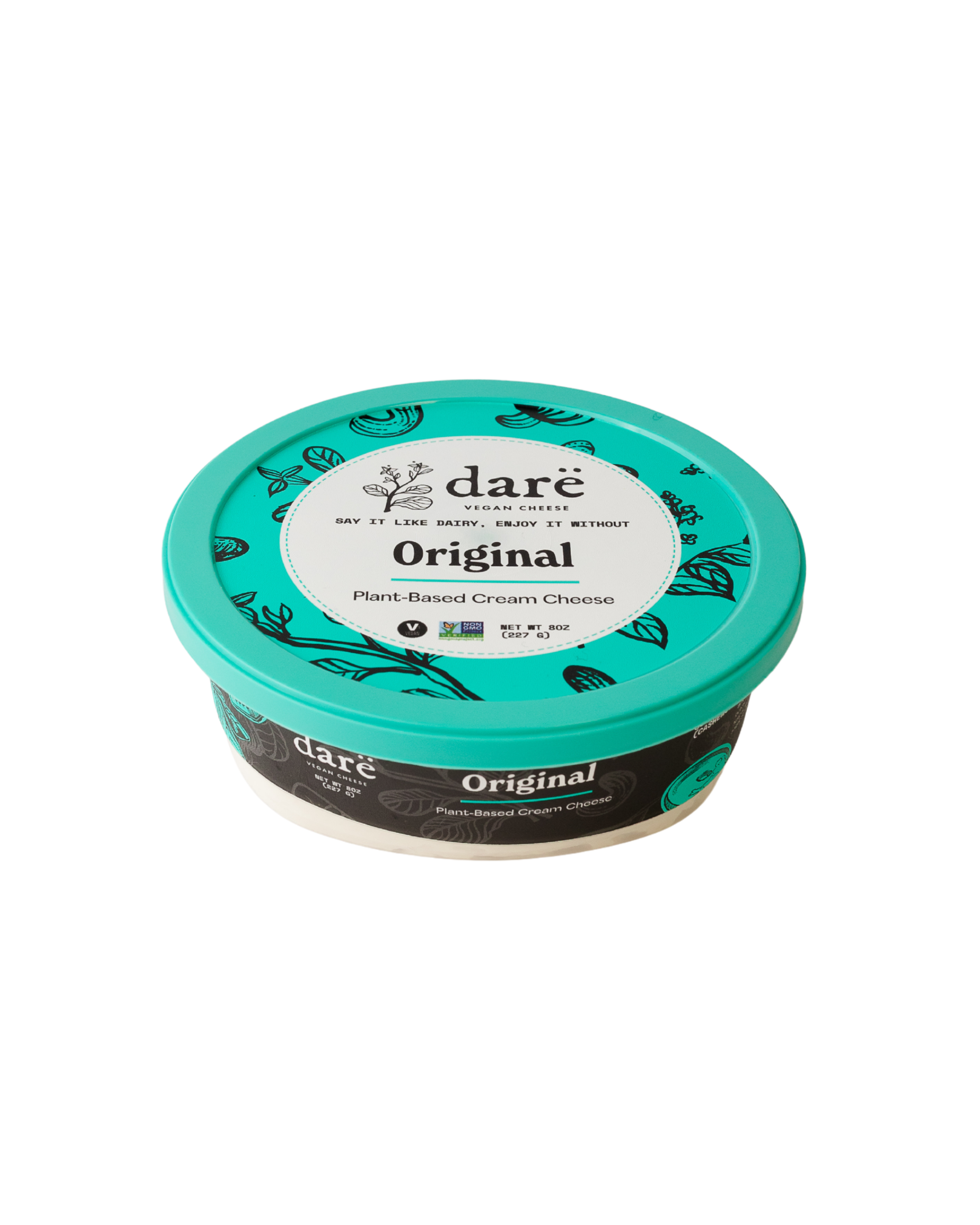 Container of dare brand plant-based cream cheese on a white background