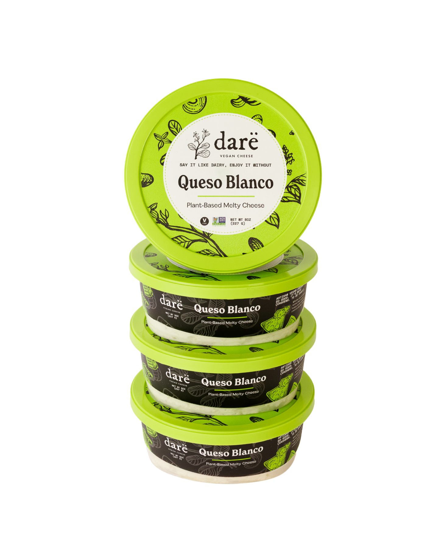 Stack of dare Queso Blanco containers with green lids on a white background