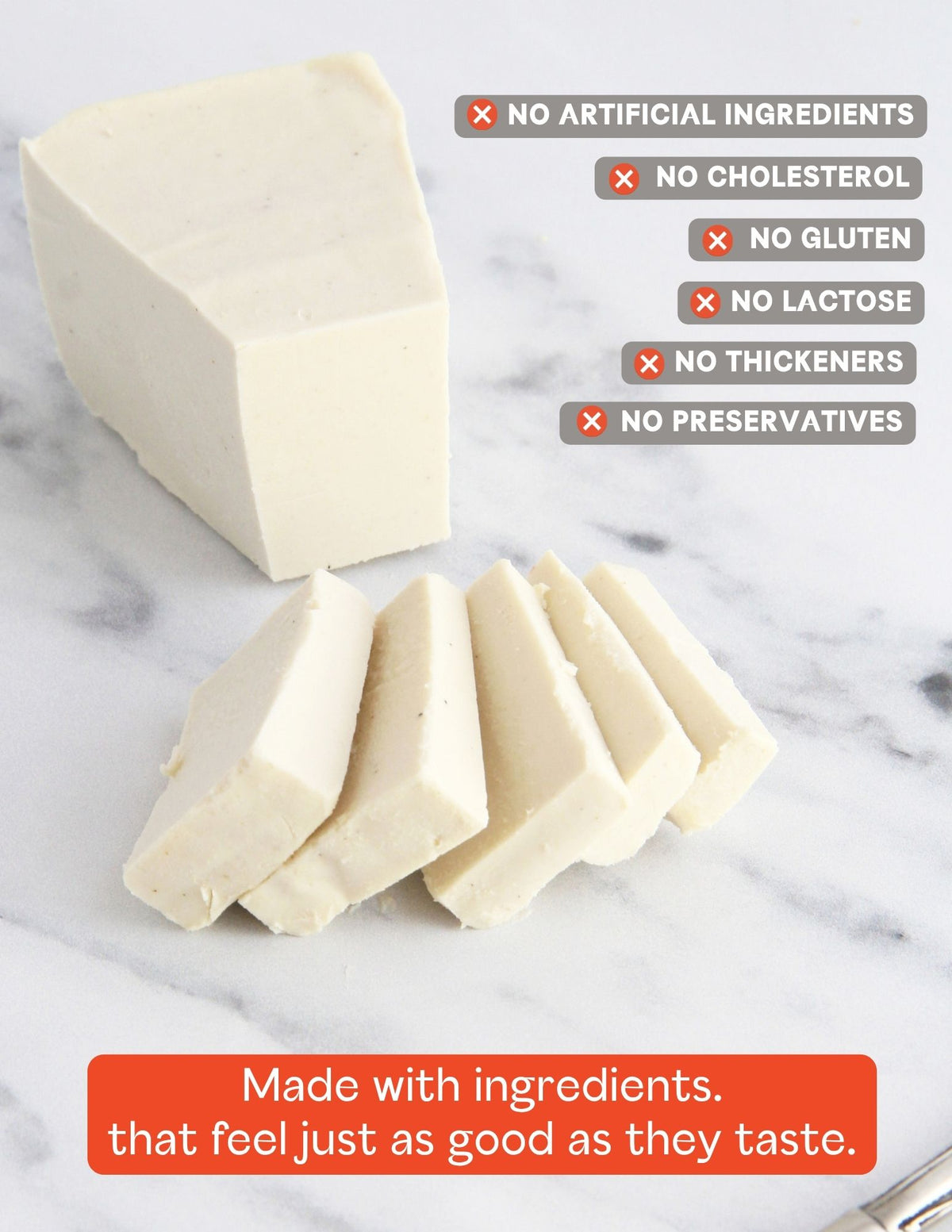 A slice of dare vegan cheese Roasted Garlic plant-based cheese on a light marble surface, sliced into pieces with product attribute copy overlaid.