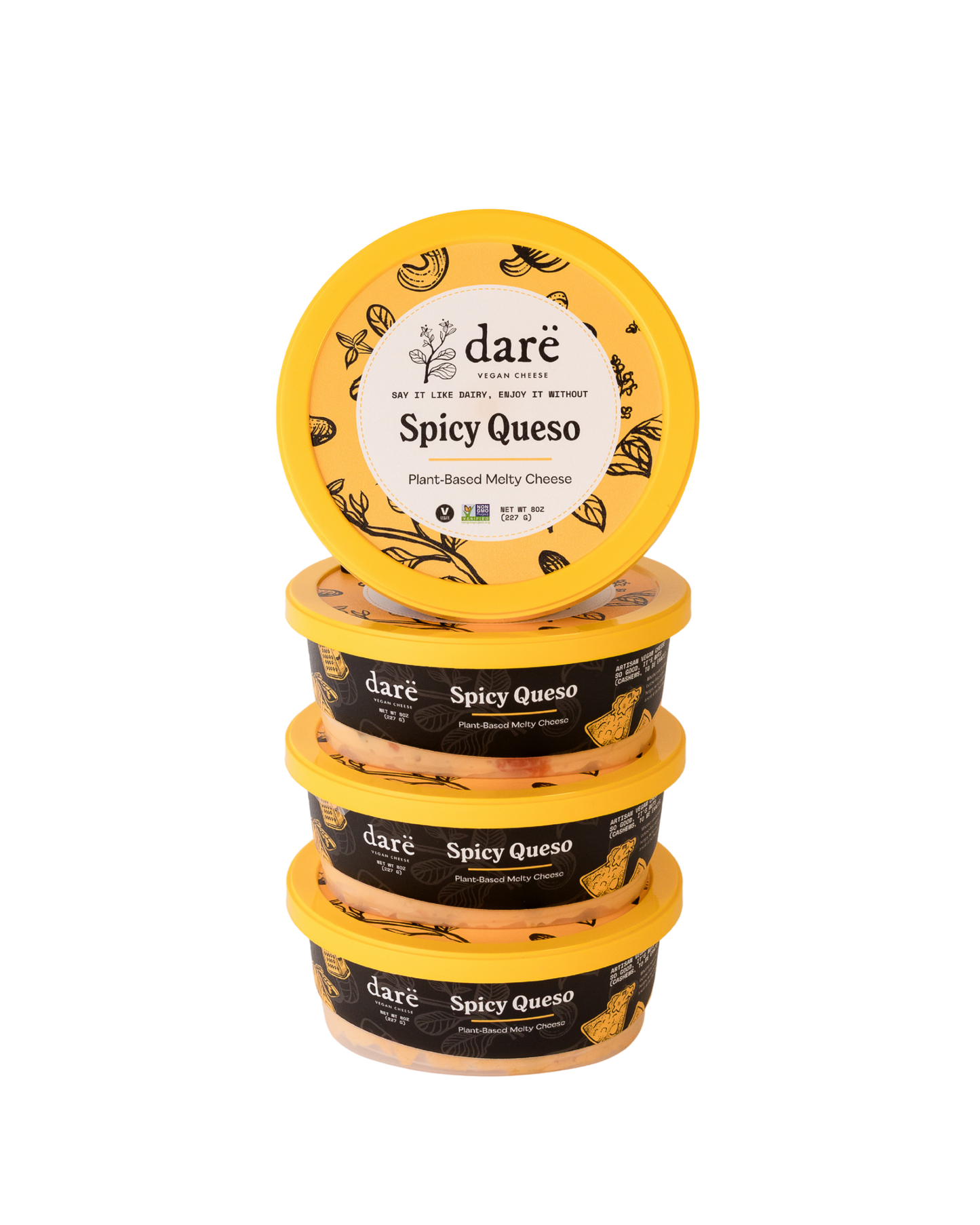 Stack of Dare Spicy Queso containers on a white background
