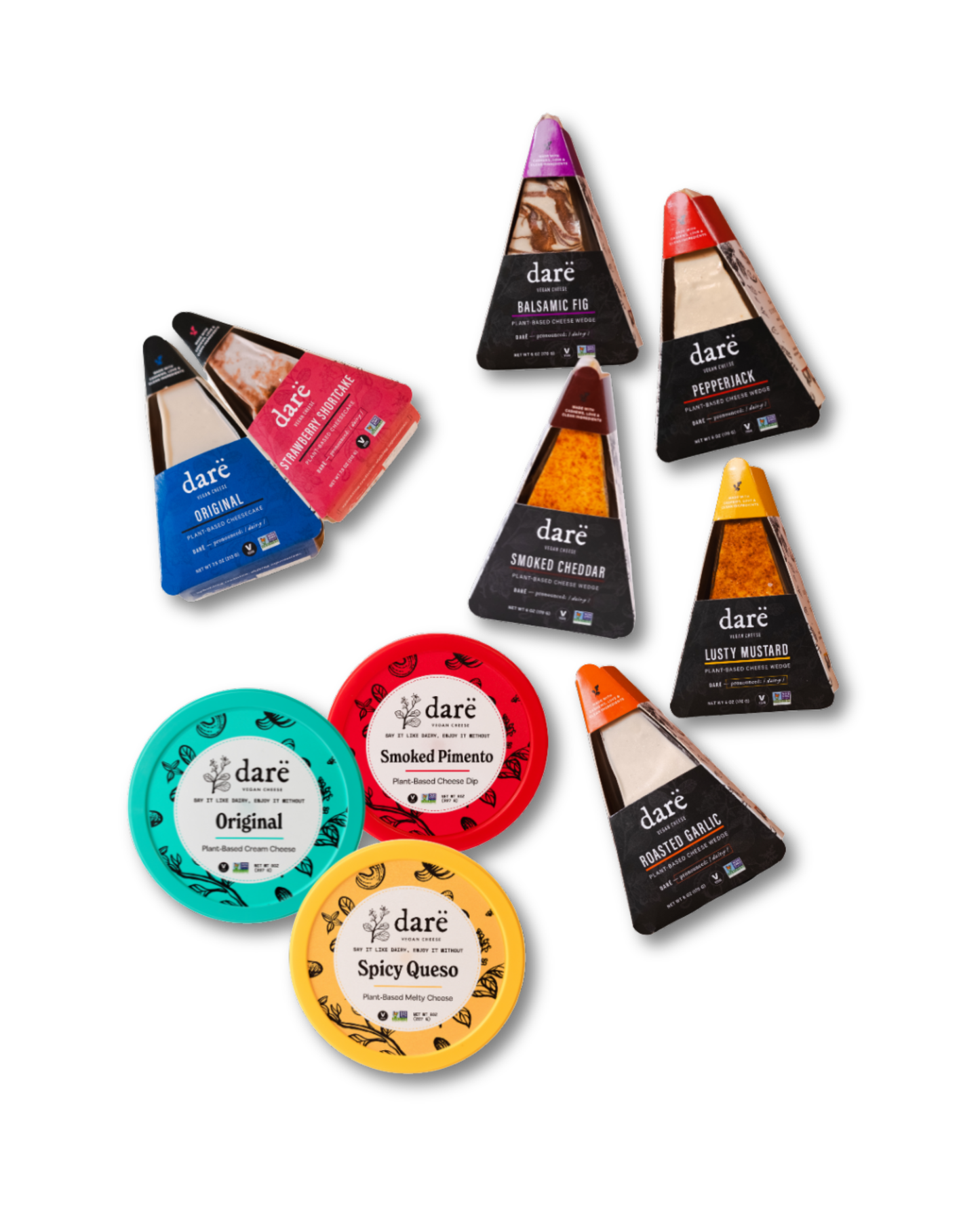 Assorted Dare brand food containers on a white background