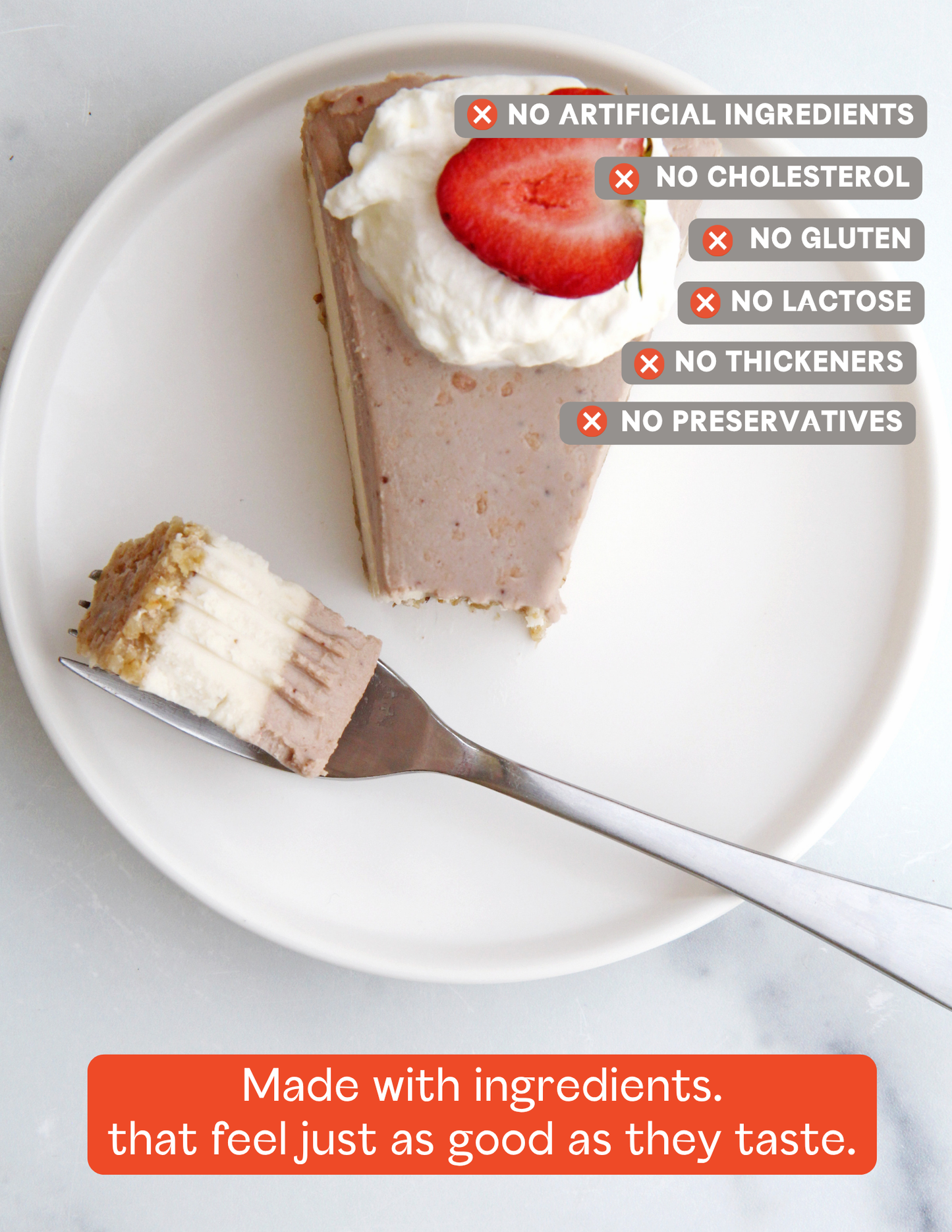 A slice of layered vegan cheesecake with whipped cream and a strawberry on a white plate, with a fork holding a piece of the dessert. Text overlays highlight product benefits.