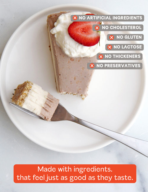 Load image 1 in gallery view. A slice of layered vegan cheesecake with whipped cream and a strawberry on a white plate, with a fork holding a piece of the dessert. Text overlays highlight product benefits.