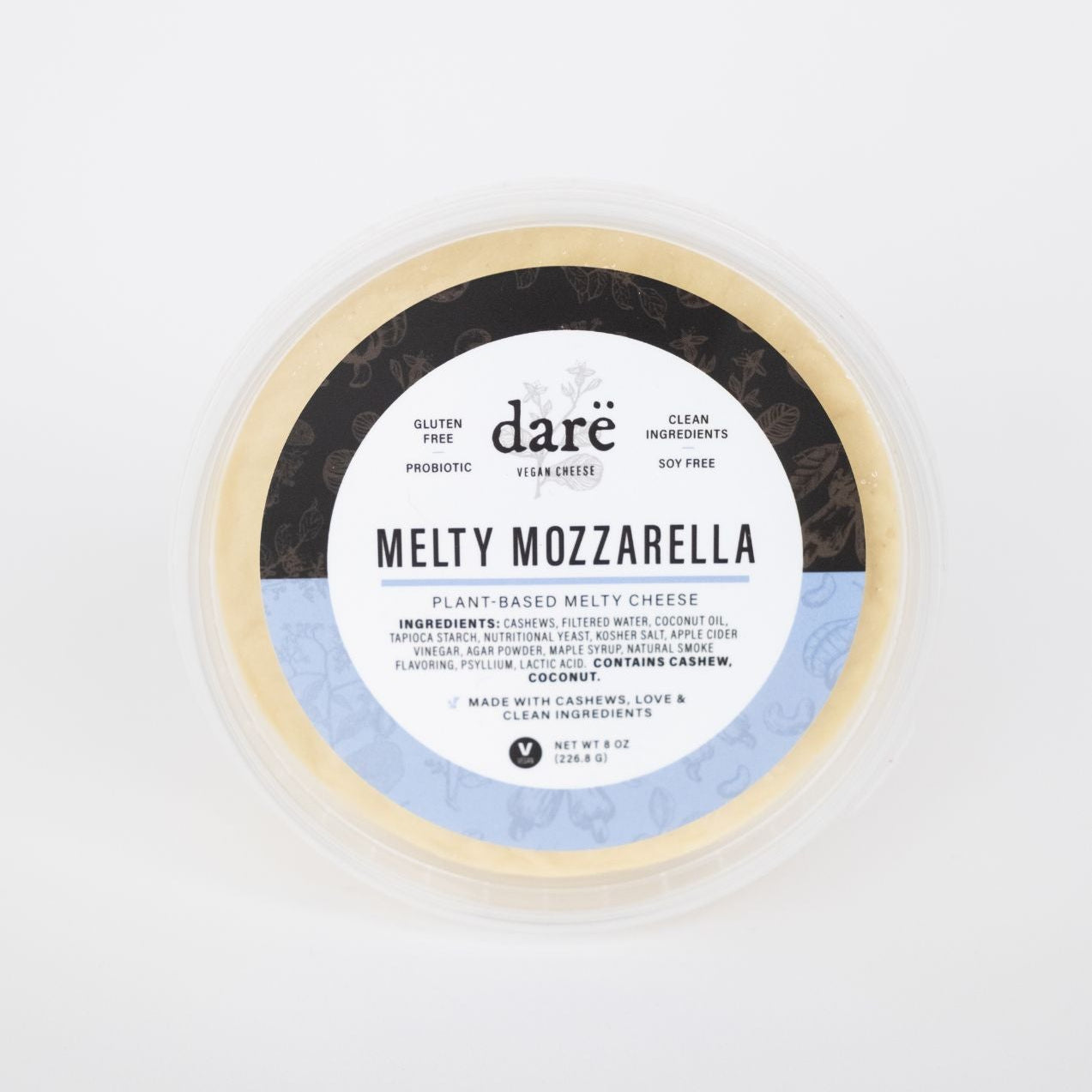 vegan non dairy mozzarella cheese product photo. label reads dare vegan cheese melty mozzarella
